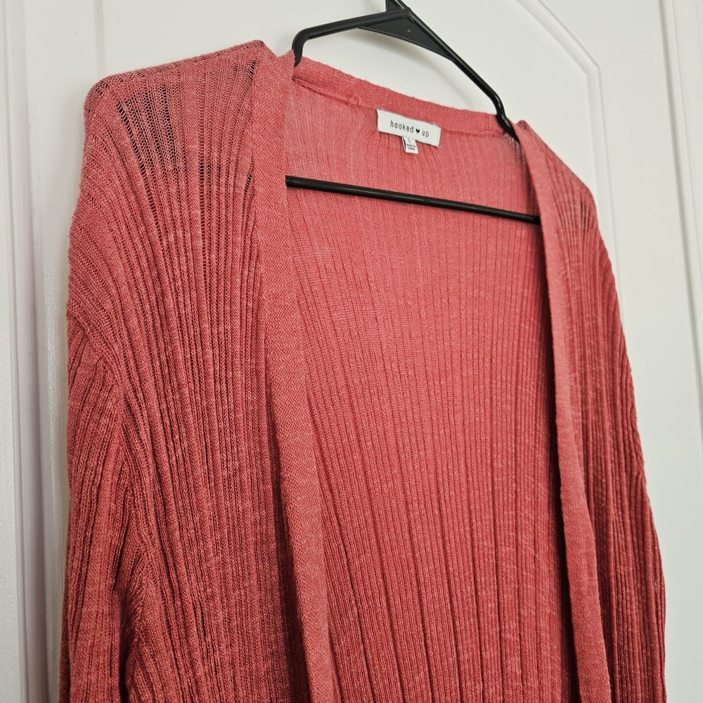 Hooked Up Womens Ribbed Longline Cardigan Sweater Pink Open Front Large boho - Picture 3 of 9